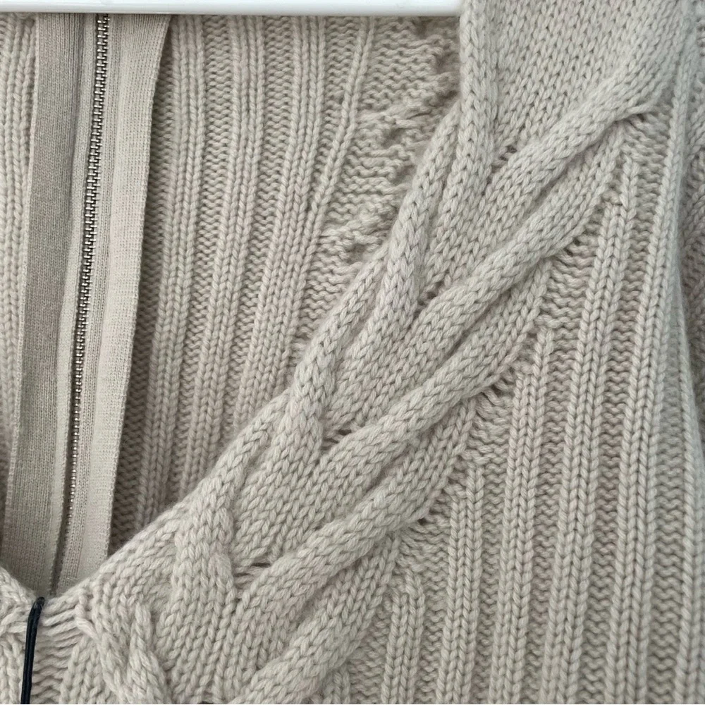 SOLD NAADAM Wool-Cashmere Open-Back Cable Quarter-Zip Taupe Linen Sweater NEW - Picture 9 of 10